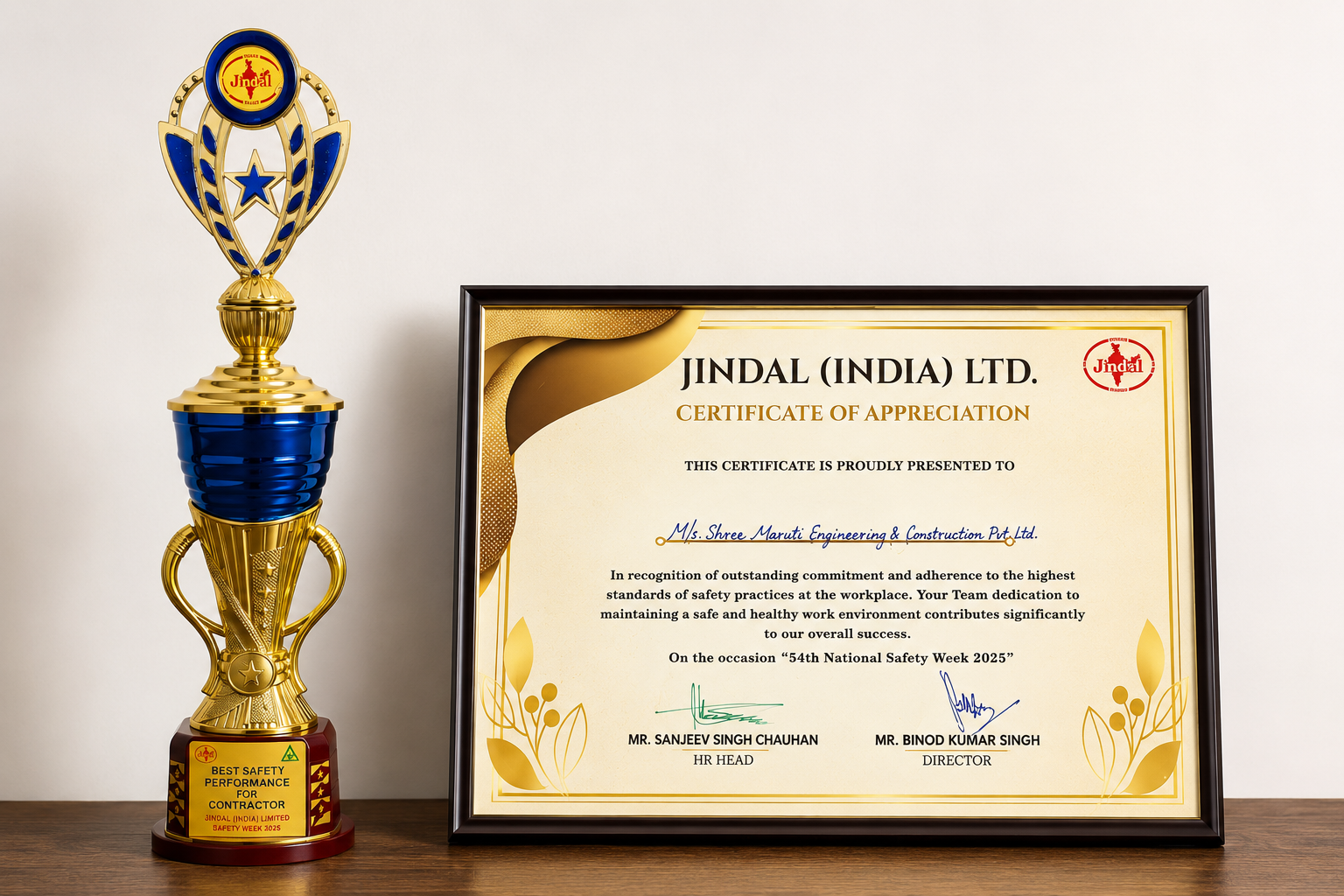 Best Safety Performance for Contractor Award - Jindal (India) Ltd. presented to SMECPL